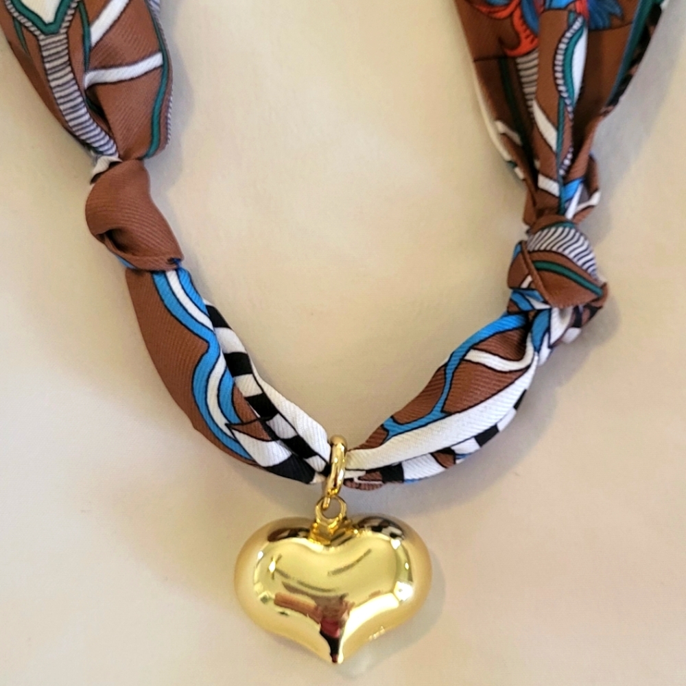 Gold Heart Pendant on Brown Patterned Necklace 16 Inch Long